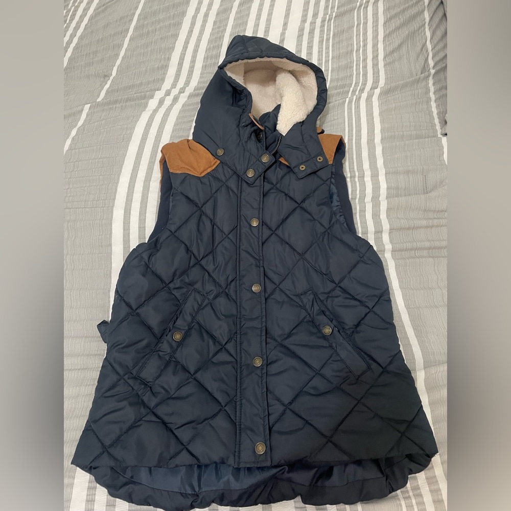 Blue Zipper and Button Vest With Hood, Hood is Detachable, Size 10